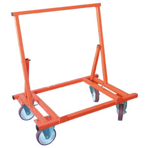 900kg Capacity Heavy-Duty Wheeled Board Trolley Heavy-duty orange 900kg capacity wheeled board trolley with steel A-frame for transporting plasterboard and panels.