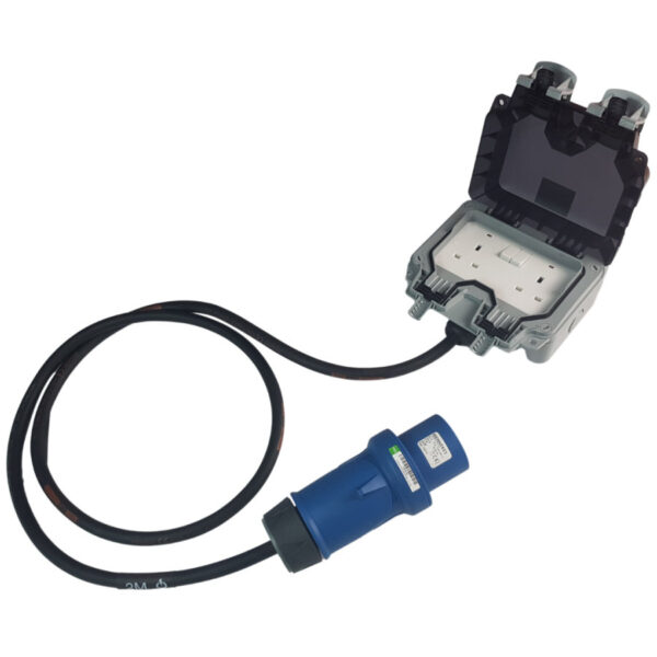 240v Adaptor - 16Amp Plug to 13Amp x 2 Waterproof Sockets 16Amp Plug to 13Amp x 2 Waterproof Sockets for hire