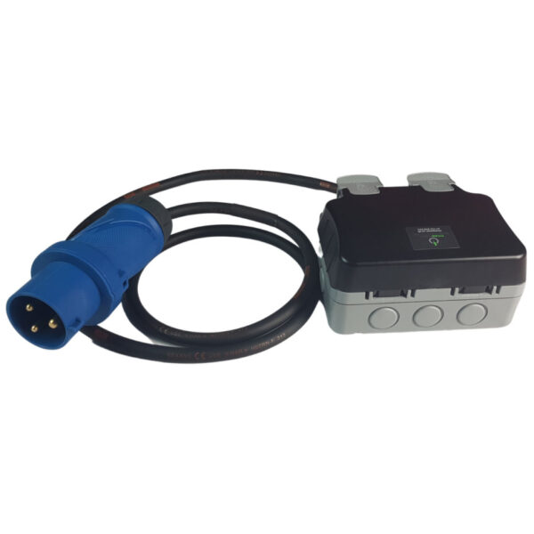 240v Adaptor - 32Amp Plug to 13Amp x 2 Waterproof Sockets - Closed 240v Adaptor - 32Amp Plug to 13Amp x 2 Waterproof Sockets