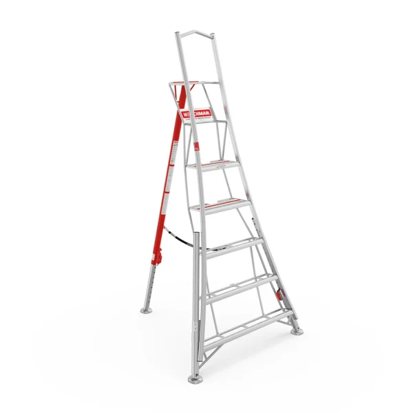 Henchman 8ft (2.4m) Fully Adjustable PRO Tripod Ladder – Tool Hire Henchman 8ft 2.4m fully adjustable PRO tripod ladder with independently adjustable telescopic legs for uneven ground, available for hire from Weller Hire.