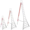 Henchman Fully Adjustable PRO Tripod Ladders – Full Hire Size Range (Main Image) A composite main product image for Weller Hire showing three sizes of the Henchman Fully Adjustable PRO Tripod Ladders standing side-by-side on a white background. This full hire range includes the 2.4m, 3.6m, and 4.8m models, all with the characteristic red rear leg and integrated top guardrail. This image highlights the various safe-working height options for uneven ground.