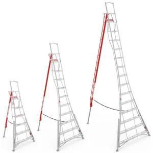 Henchman Fully Adjustable PRO Tripod Ladders – Full Hire Size Range (Main Image) A composite main product image for Weller Hire showing three sizes of the Henchman Fully Adjustable PRO Tripod Ladders standing side-by-side on a white background. This full hire range includes the 2.4m, 3.6m, and 4.8m models, all with the characteristic red rear leg and integrated top guardrail. This image highlights the various safe-working height options for uneven ground.