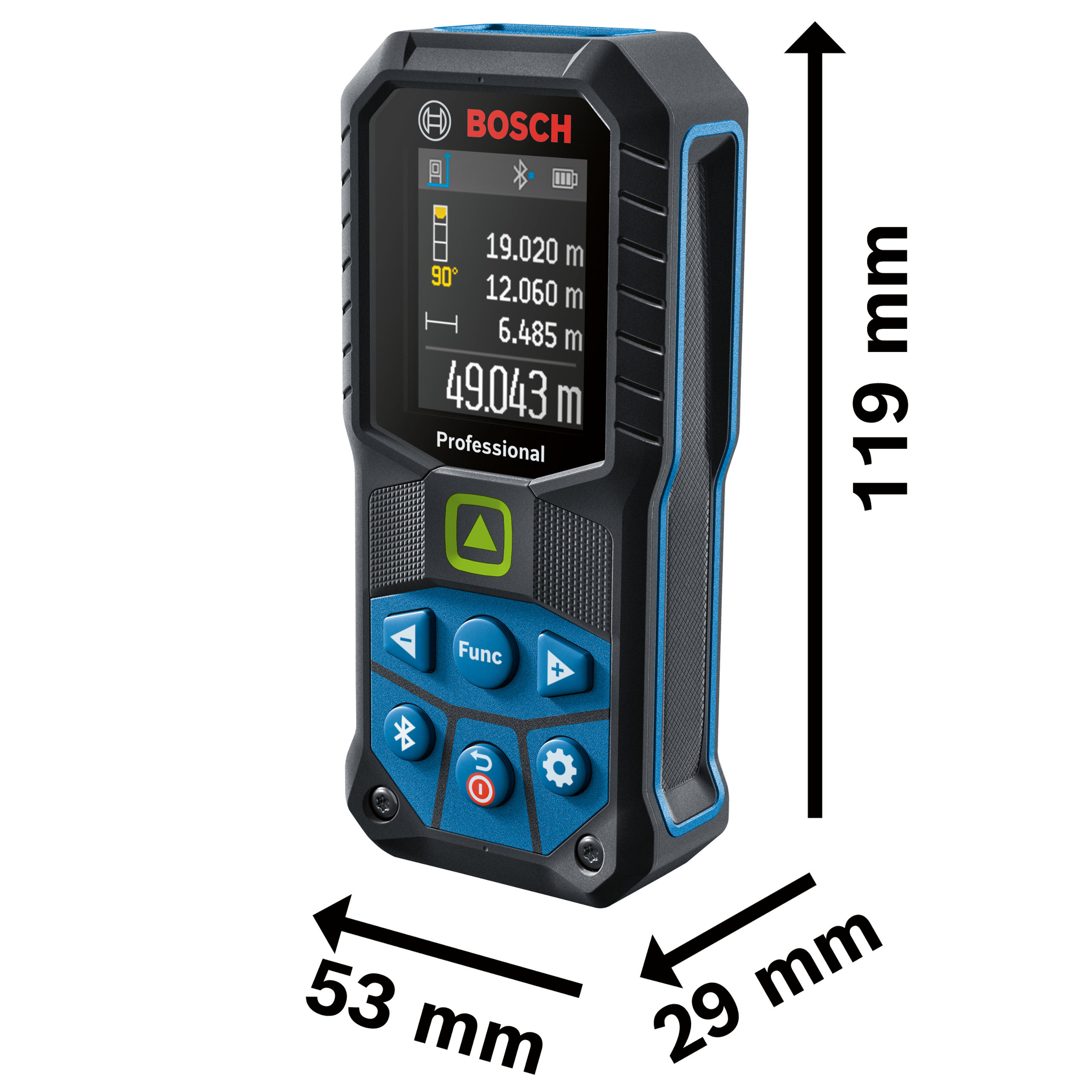 Bosch GLM 50-27 CG - Product Dimensions Technical diagram showing the 119mm height and 53mm width of the Bosch GLM 50-27 CG.