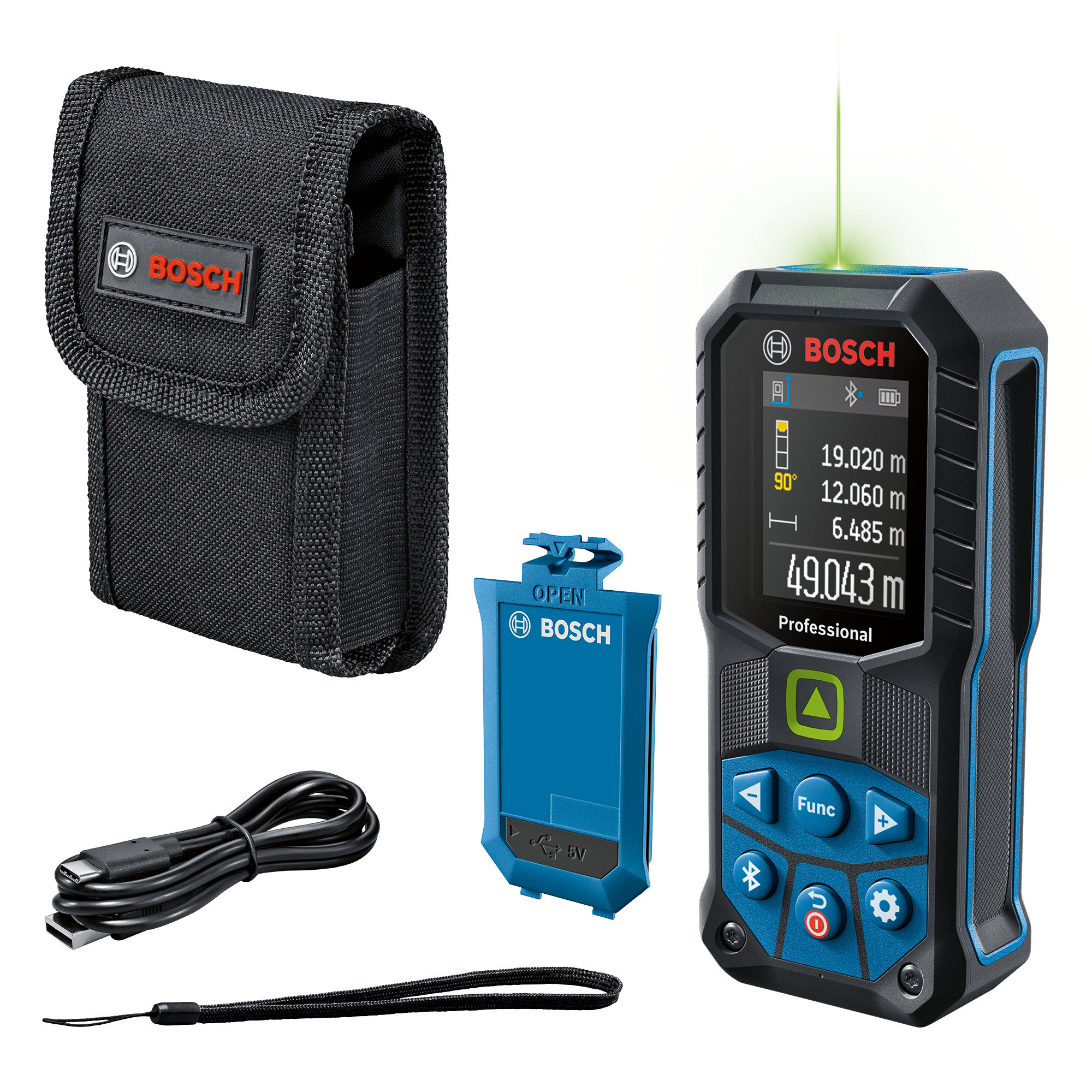 Bosch 50m Green Beam Laser Measure Kit Complete Bosch 50m green beam laser measure hire kit including pouch, battery, and cable.