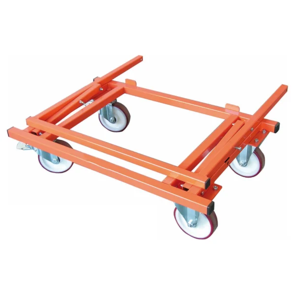 Mondelin 900kg Board Trolley – Folded for Transport Mondelin 900kg capacity board trolley folded flat on four castors for compact van transport and storage, available for hire at Weller Hire.