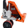 2000kg Pallet Truck - Polyurethane Steer Wheels Front view of the non-marking Polyurethane (PU) steer wheels and silver hydraulic pump on a 2000kg capacity pallet truck.